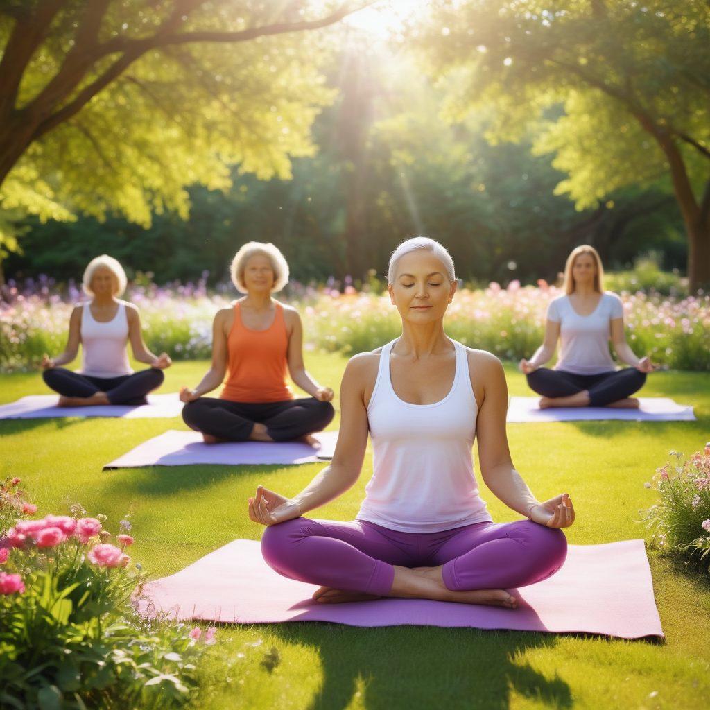A serene scene showcasing a diverse group of cancer survivors, confidently engaging in self-care activities like yoga, meditation, and gardening in a sunlit park surrounded by blooming flowers. Each individual exhibits a sense of empowerment and hope, symbolizing resilience and community support. Soft, warm colors reflect a tranquil atmosphere, enhancing feelings of well-being and positivity. super-realistic. vibrant colors. peaceful background.